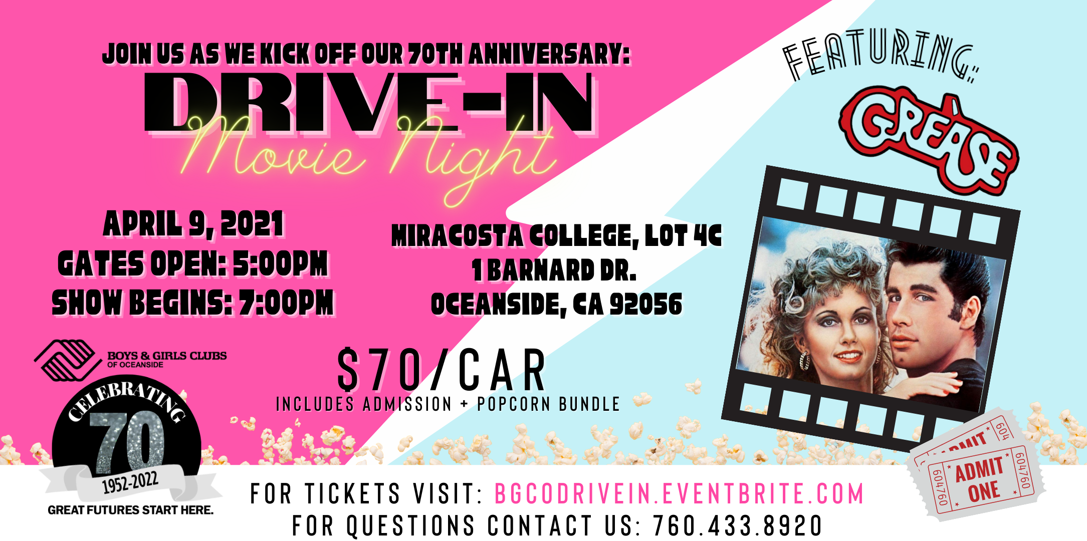 Drive-In Movie Night featuring Grease. For tickets visit: bgcodrivein.eventbrite.com
